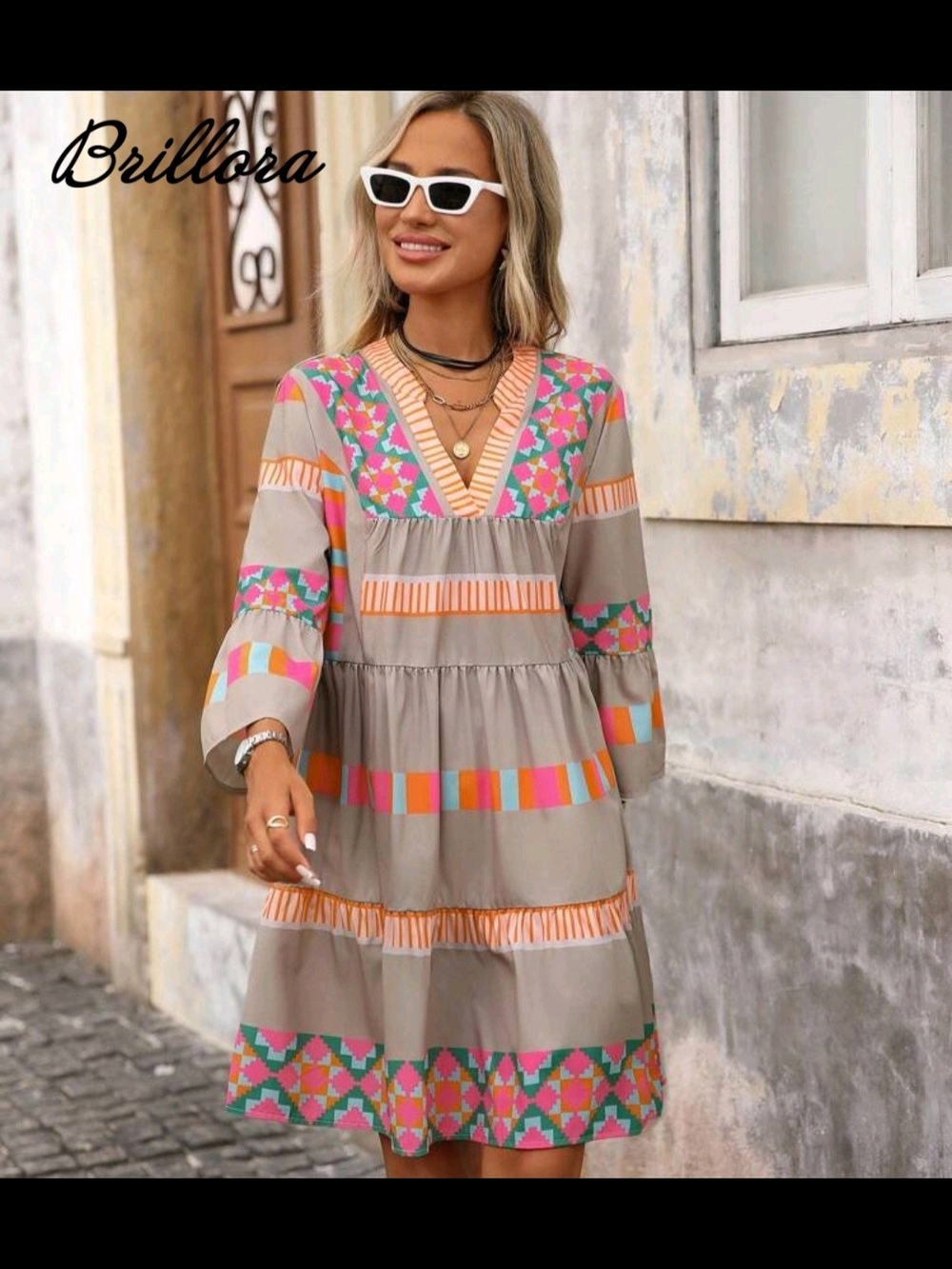 Taupe Mini Dress with Pink & Orange Accents